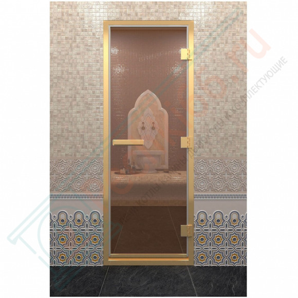 Стеклянная дверь для хамама в золотом профиле, бронза 190х80 (по коробке) (DoorWood) в Кургане