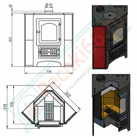 Печь-Камин ВЕЗУВИЙ ПК-01 (220) угловой красн. с конфоркой 9 кВт (150 м3) Ø 115мм