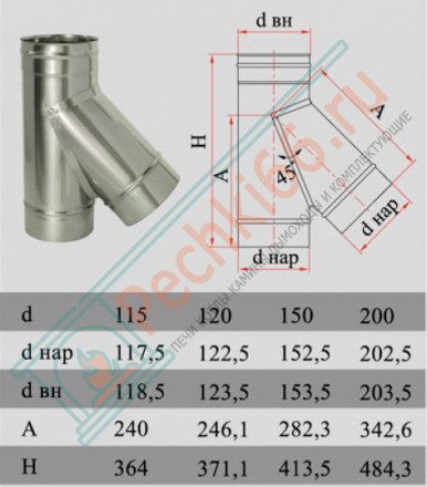 Тройник 45° без изол (НЕРЖ-321/0,5) d-130 (Дымок-Lux)