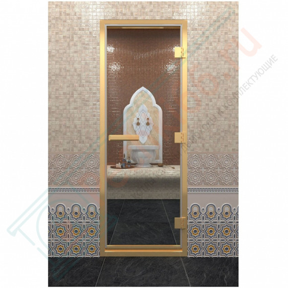 Стеклянная дверь DoorWood «Хамам Прозрачная» в золотом профиле 1900х800 (по коробке) в Кургане