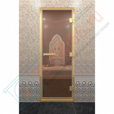 Стеклянная дверь для хамама в золотом профиле, бронза 200х80 (по коробке) (DoorWood)